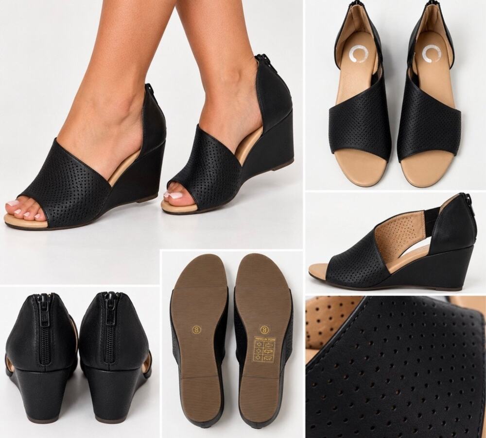 Black Perforated Wedge Sandals Size 8 Open Toe Back Zip Cutout Shoes